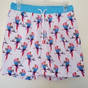 Public Record Mens M Swim Shorts Drawstring Multi Sitting Parrots Print Venice